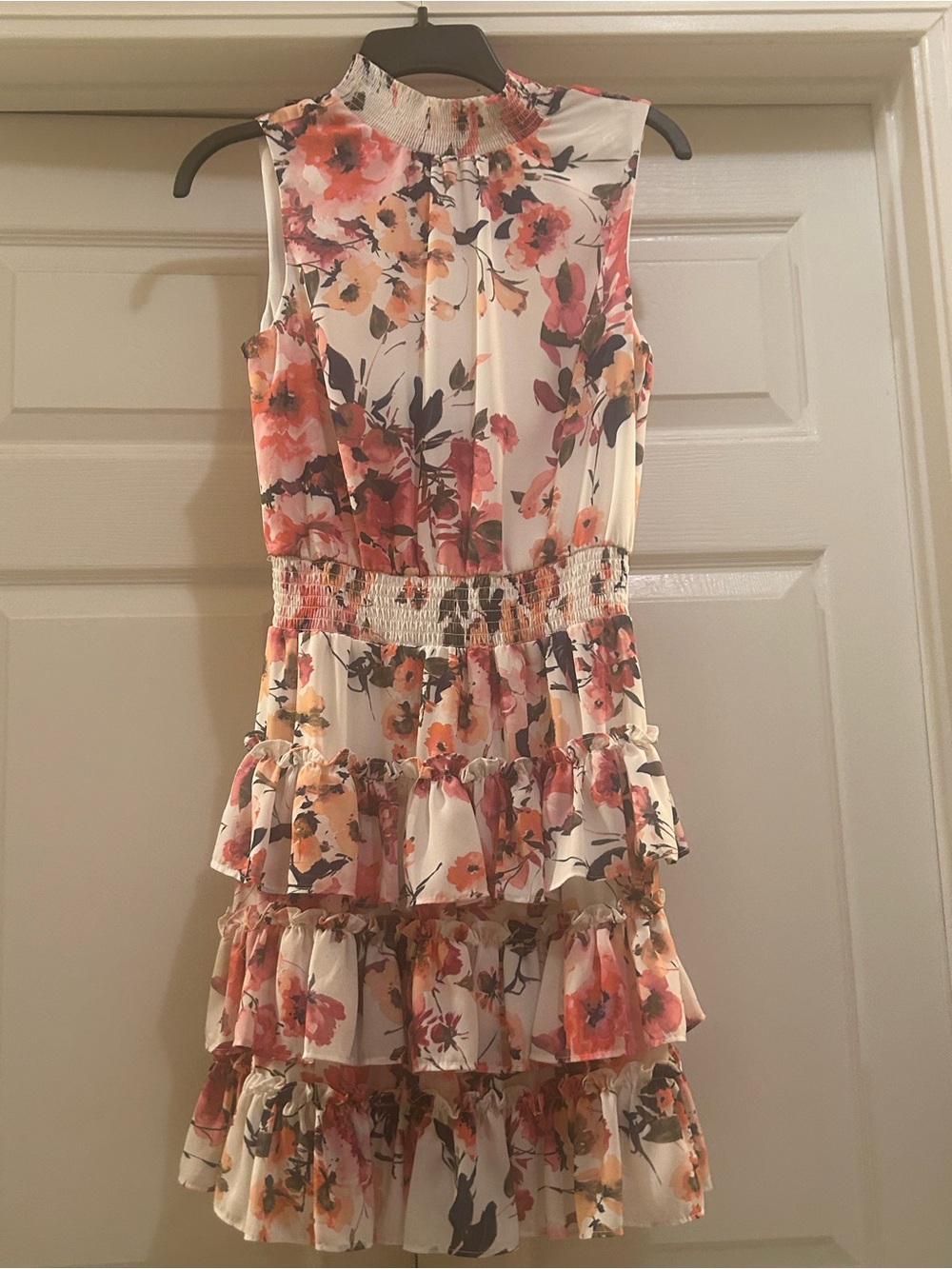 Floral Tiered Ruffle Midi Dress - Cream with Pink & Orange Blooms